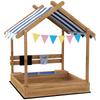 House-Designed Wooden Sandbox, Outdoor Sandpit, with Blackboard, Toys, Sink, Seats, Flags, for Ages 3-7 Years - Brown