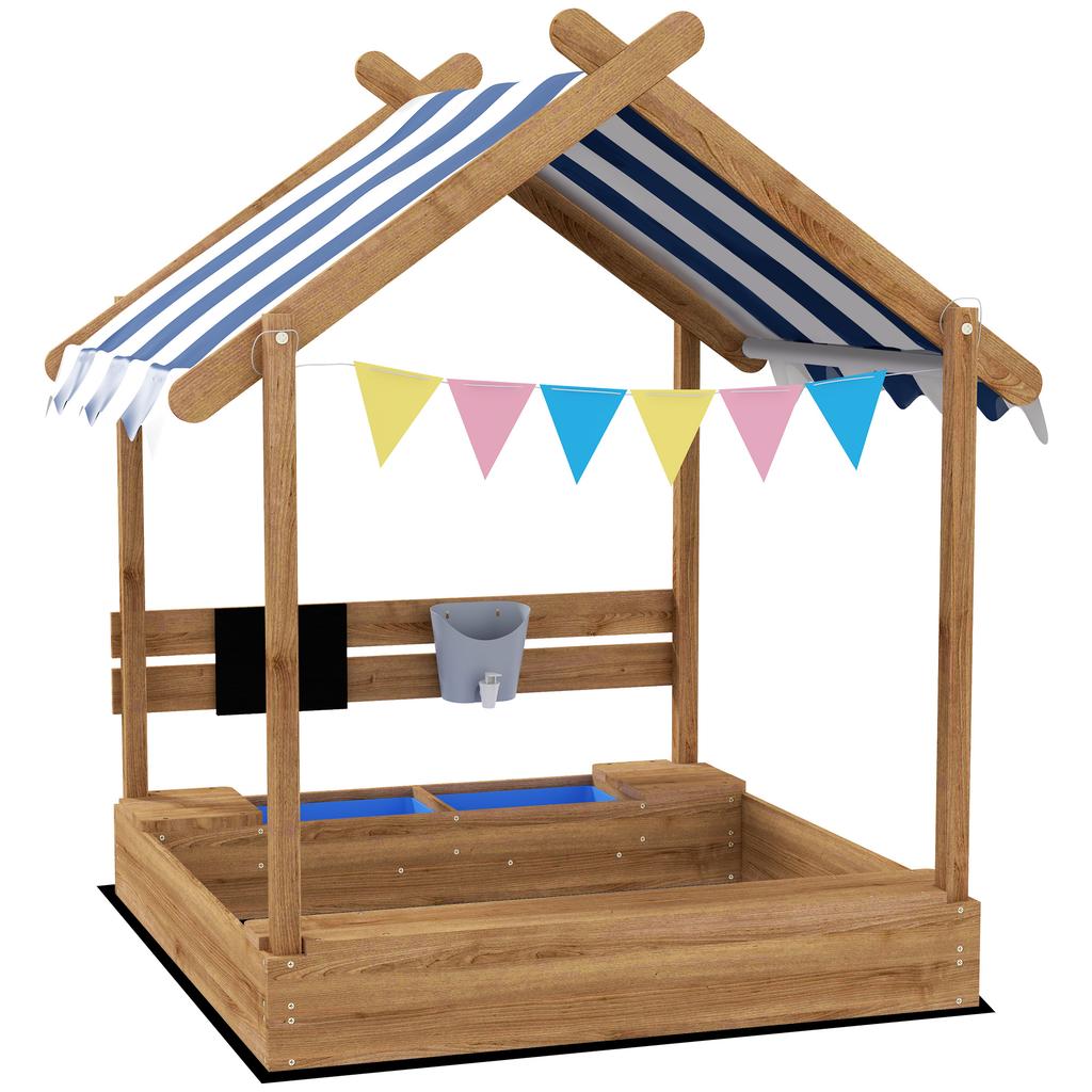 House-Designed Wooden Sandbox, Outdoor Sandpit, with Blackboard, Toys, Sink, Seats, Flags, for Ages 3-7 Years - Brown