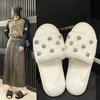 Flat Fluffy Fur Slippers Women Solid Warm Furry Slippers Women Winter House Flip Flops Home Rivet Slides Flat Indoor Floor Shoes