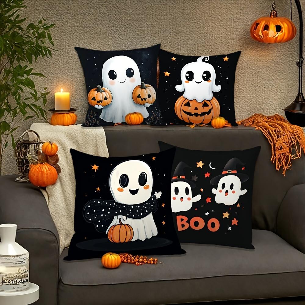 4pcs Halloween Throw Pillow Covers, Warm & Cozy, Black with Ghost & Pumpkin Print, Zippered, Machine Washable
