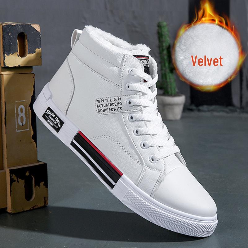 2025 Winter Men s Trendy Korean-Style High-Top Velvet-Lined Casual Shoes 39 белый