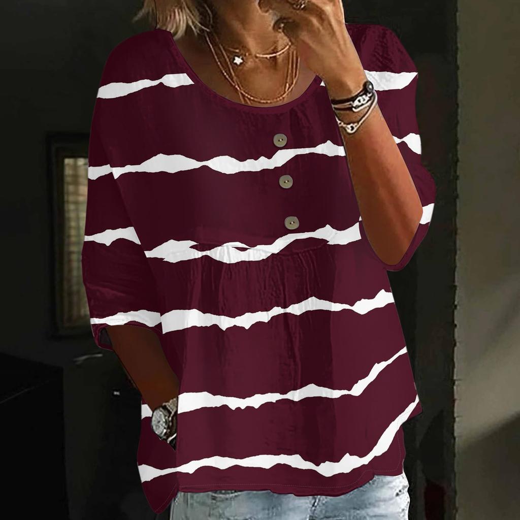 Damen Casual Mode Dreiviertelarm Locker Rundhals Knopf Karoprint Oberteil