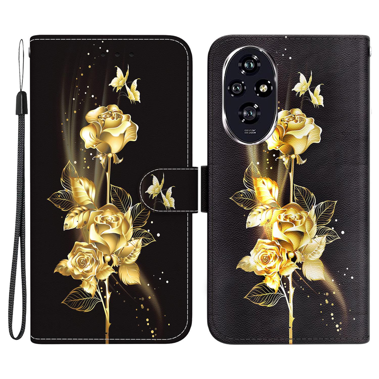 

For Honor 200 5G Case Pattern Print Leather Wallet Phone Cover with Stand Gold Butterfly Rose