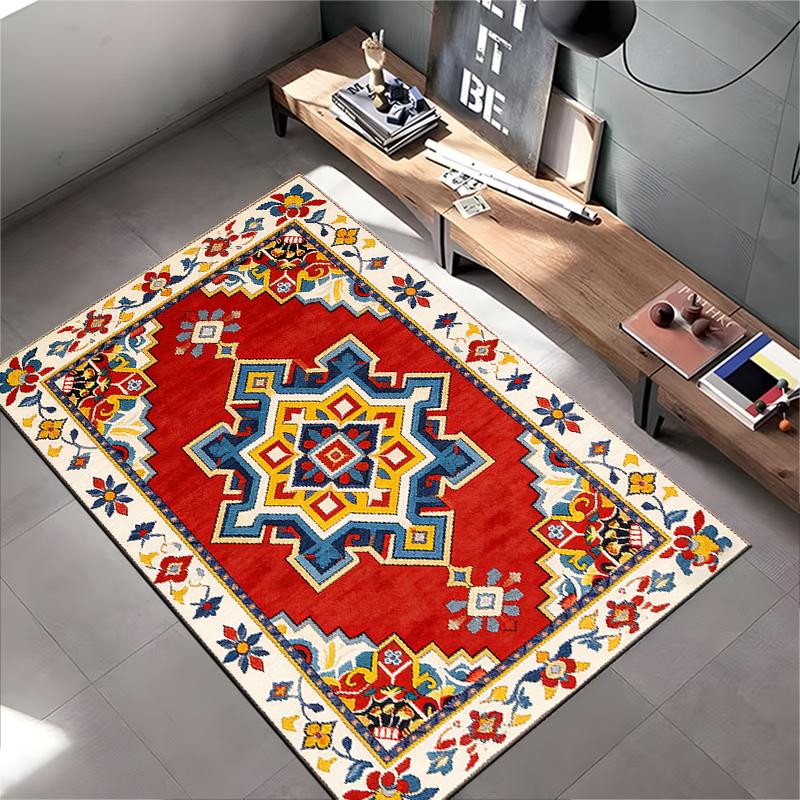 Geometric Pattern Red Carpet with Floral Border for Home Decor Suitable for Use As an Anti-slip for Living Room Bedroom Sofas
