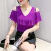 2024 Chic Off-Shoulder Diamond Accent Lotus Sleeve T-Shirt