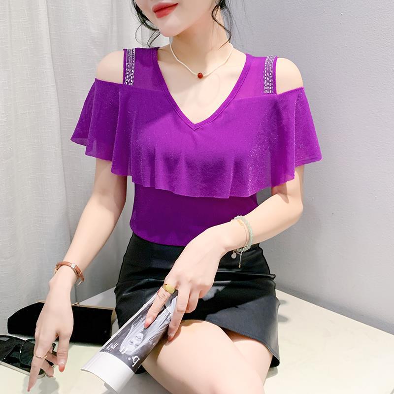 2024 Chic Off-Shoulder Diamond Accent Lotus Sleeve T-Shirt