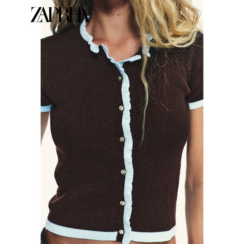 Zaprha 2025 Autumn New Beautiful Contrast Color Knitted Short Sleeve Outerwear Women Cardigan Slim Fit Slimming 0014114