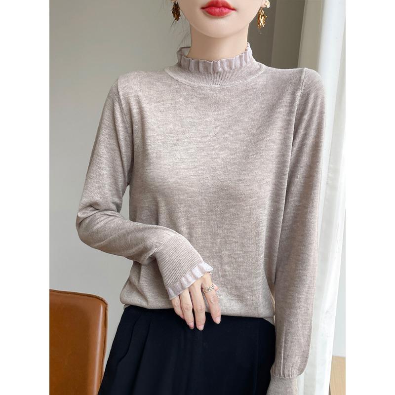 Semi-turtleneck fungus edge lace splicing knitted sweater women's autumn and winter new sweater inner and outer wear bottoming shirt thin