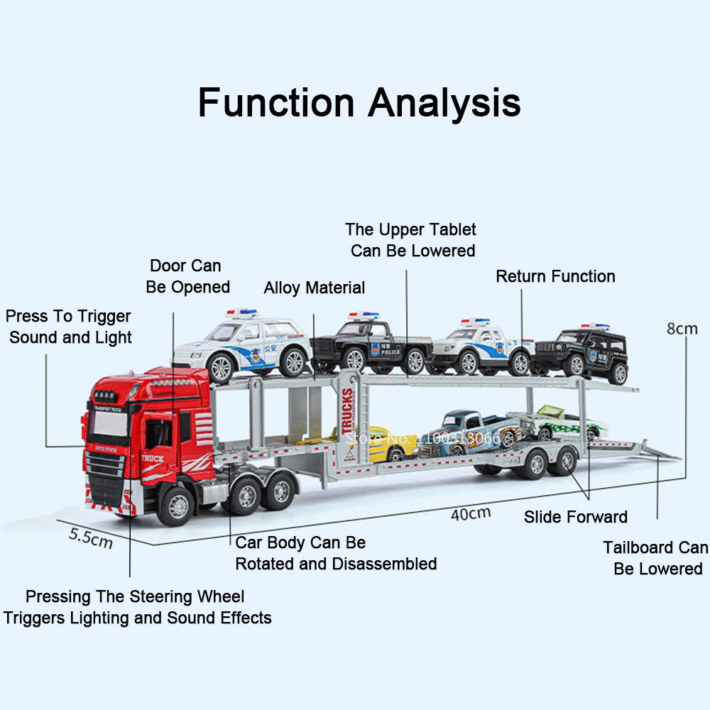 1:48 Alloy Diecast Car Carrier Model Toys Miniature Cars Double Decker Light Sound Trailer Transport Vehicle Boys Birthday Gifts