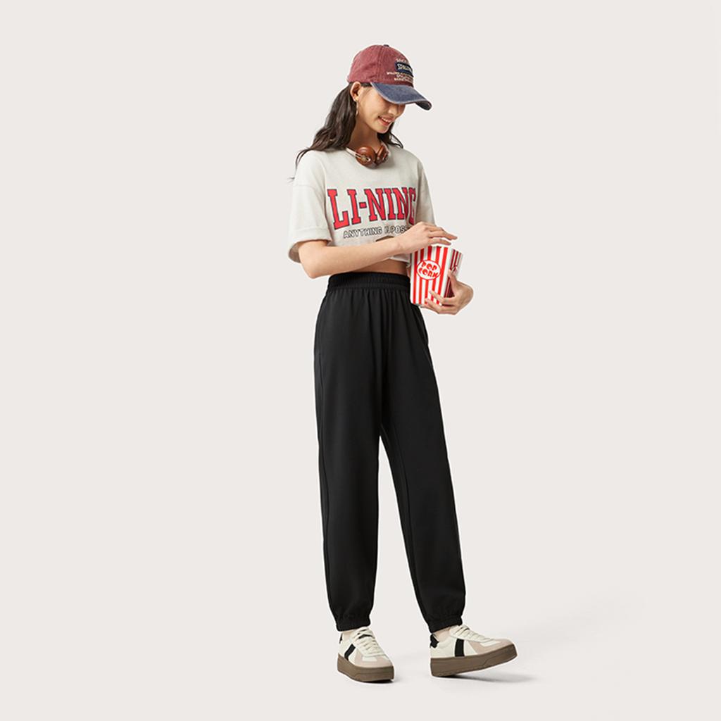 Li Ning Sports Lifestyle Series Solid Color Mid Waist Breathable Versatile Jogger Knit Sports Pants Women bottoms Black AKLV202-2