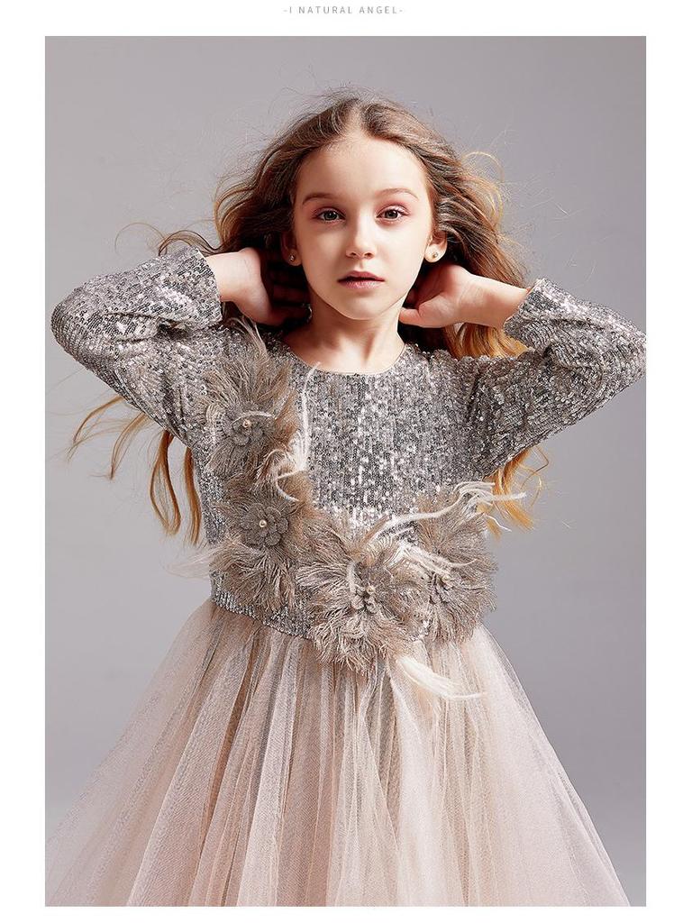 Rochie Tutu de Prințesă cu Paiete pentru Fete, Ținută de Spectacol și Bal cu Mânecă Lungă