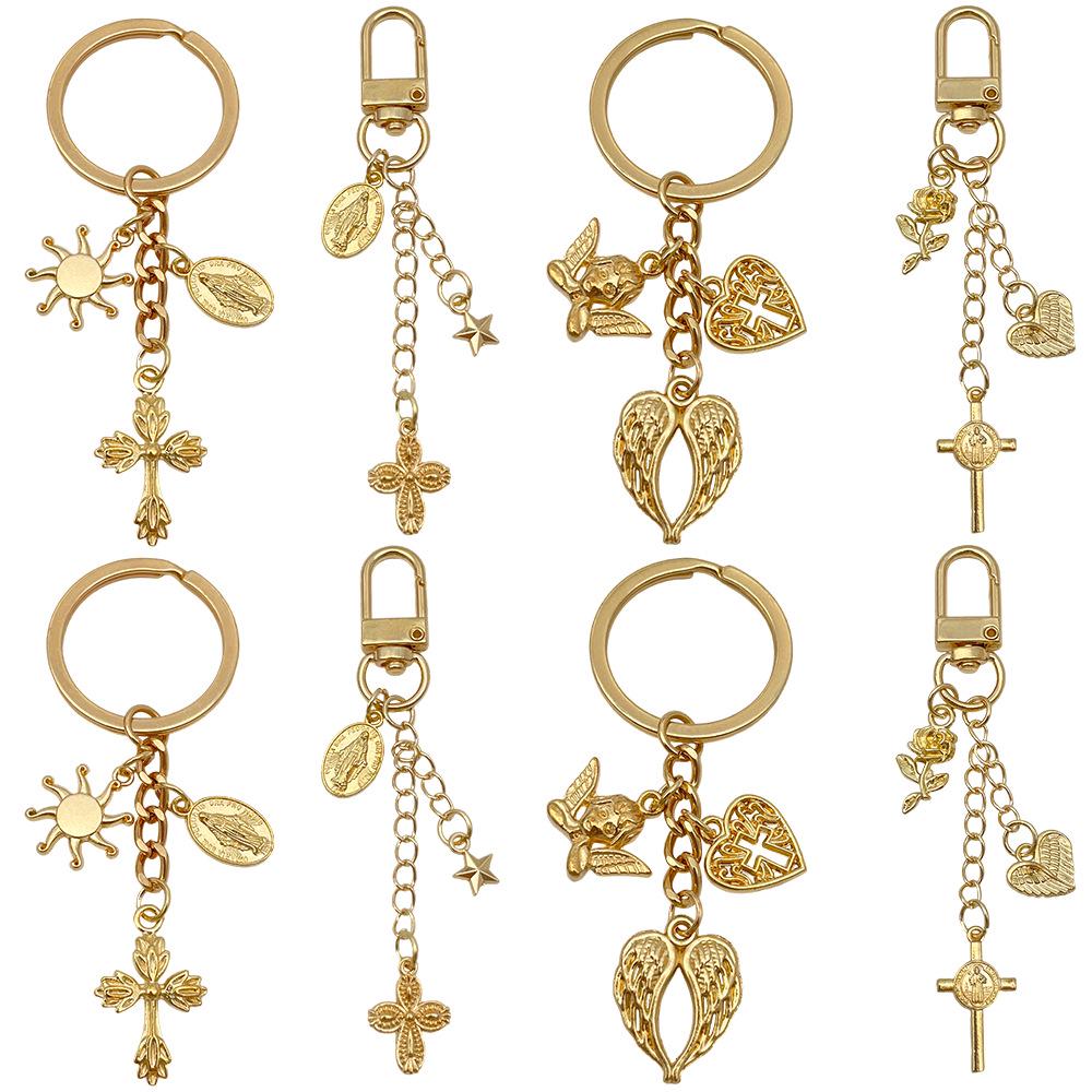 Antique Silver/KC Gold Heart Wings Cross Keychain Pendant