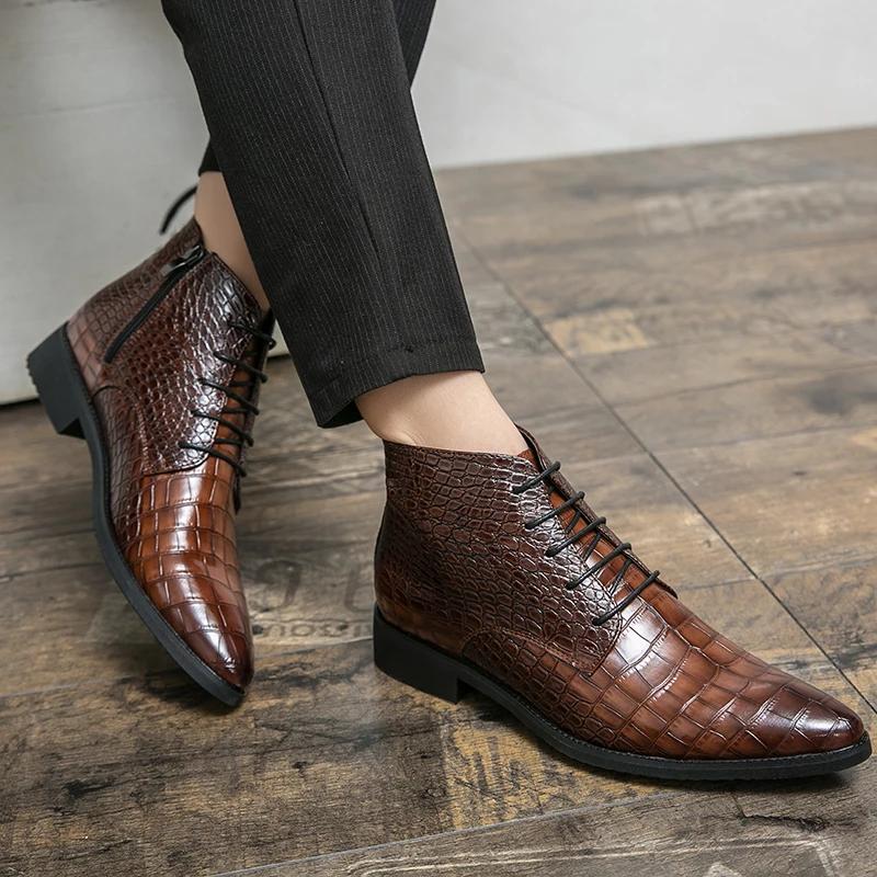 Fashion New Chelsea Men's Boots Low Heel Side Zipper Sharp Pointed Casual  Fashionable Loafers Business Formal High Top Leather Shoes
