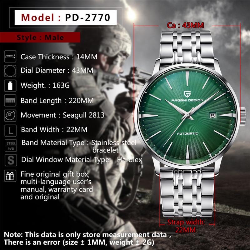 Pagani Design Menn Business Mechanical Watches for Men Waterproof Dress Watch Luxury Rustfritt stål Automatisk Armbåndsur
