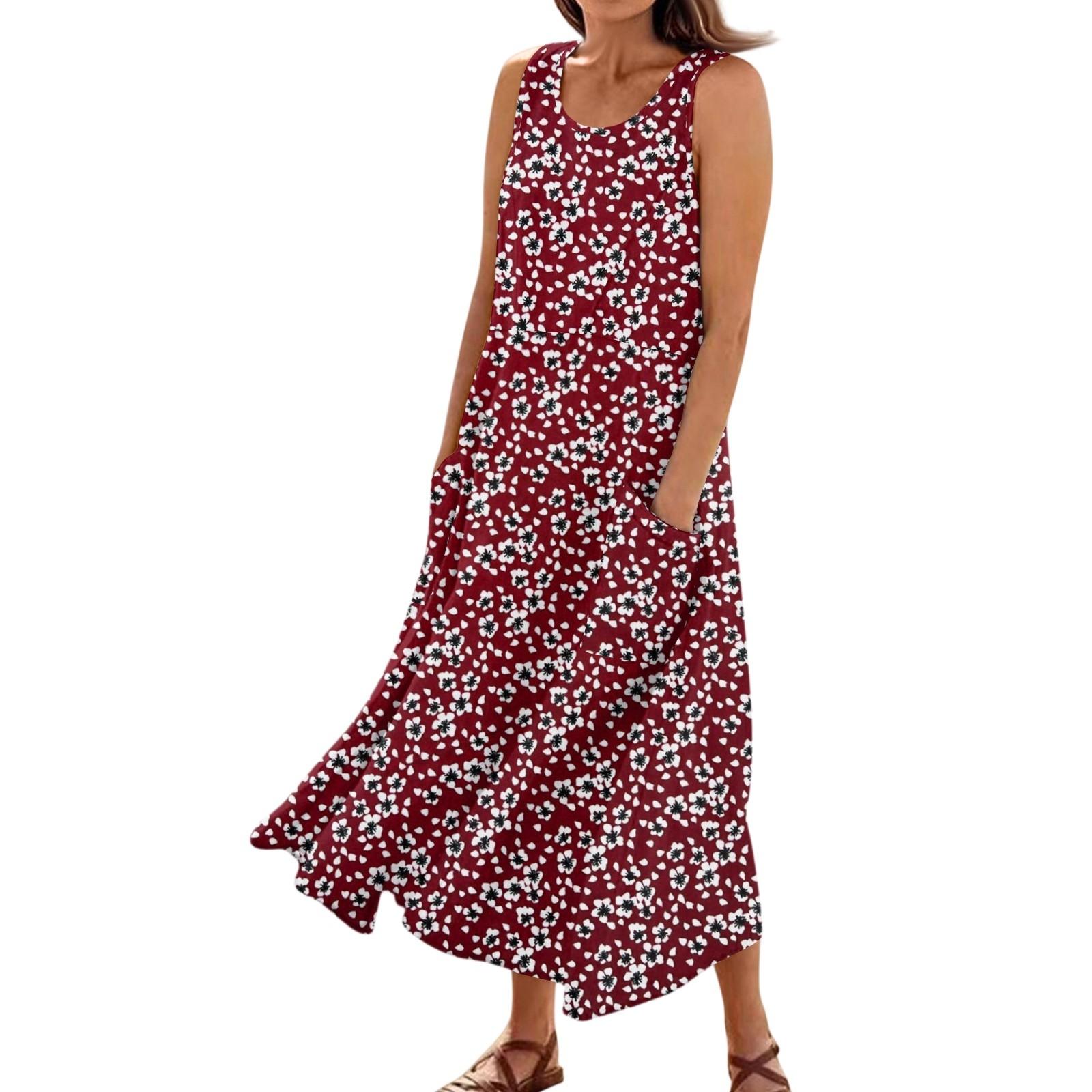 

Женское летнее повседневное модное платье без рукавов с цветочным принтом и карманом XL винный