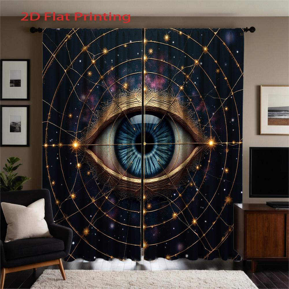 Set Of 2 Flat Printing Curtains Cosmic Eye Pattern Blue Golden Frame Space Style Polyester Fabric Semi She Curtain