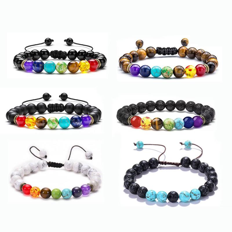 Lucky 7 Chakras Gemstone Crystal Evil Eye Bracelet Handmade Adjustable Hand of Fatima Bracelets for Women Men Quartzs Beads Bangles Ethnic Jewelry