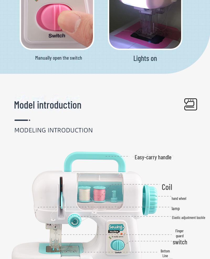 Elektrische Doppelfaden-Nähmaschine zum Selbermachen für Kinder: Simuliertes leichtes Kleingerät zum Nähen im Haushalt, ideales handgefertigtes Spielzeug für Mädchen.