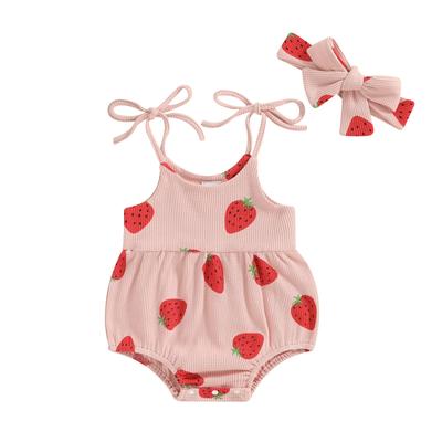 Baby Girl Summer Jumpsuit Strawberry Print Bandage Sleeveless Romper and Headband Set Cute Fashion Clothes Outfits