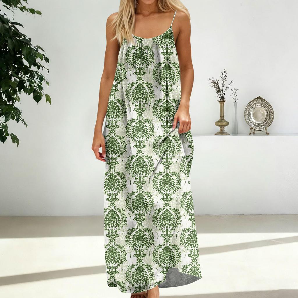 Damenmode Rückenfreies Spaghettiträger Lässiges Lockeres Vintage-Print-Kleid
