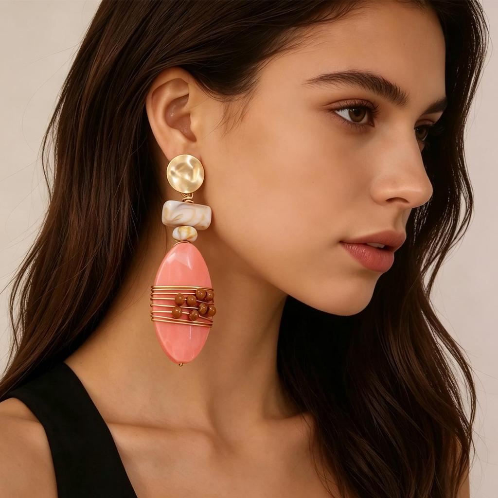 Vintage Maillard Style Pink 3D Geometric Beaded Handmade Wire Wrapped Earrings