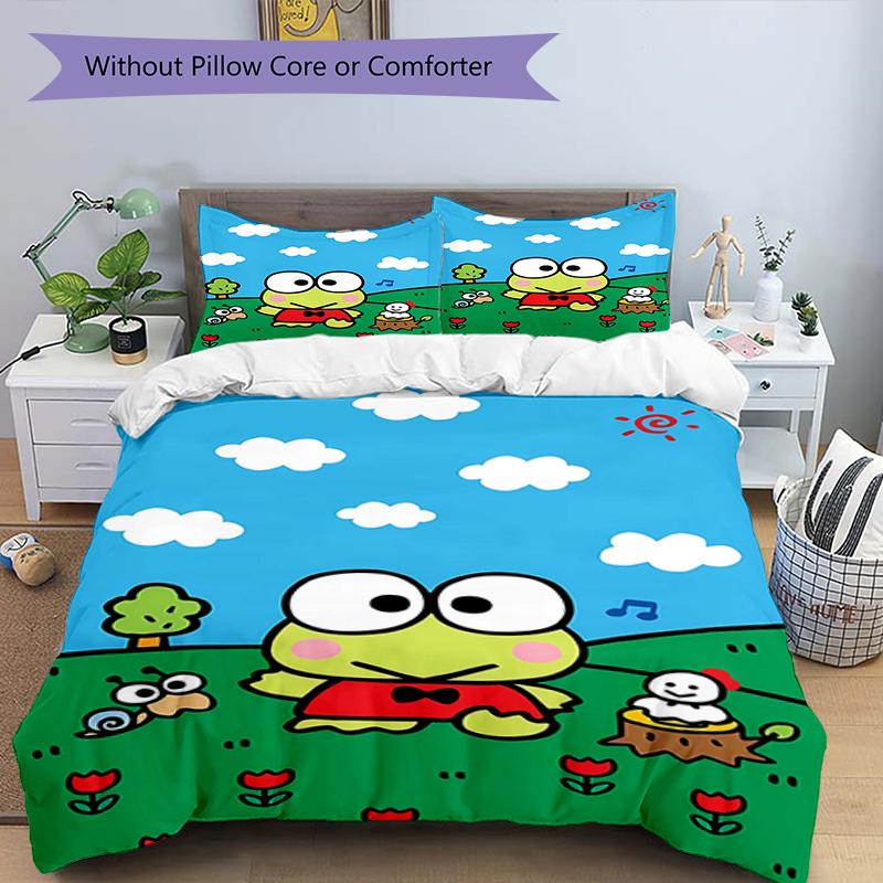 3pcs Sanrio KEROKERO KEROPPI1 Design Cover Set - HD Printed Bedding with 1 Cover and 2 Pillowcases - Perfect for Home and Dorm Decor