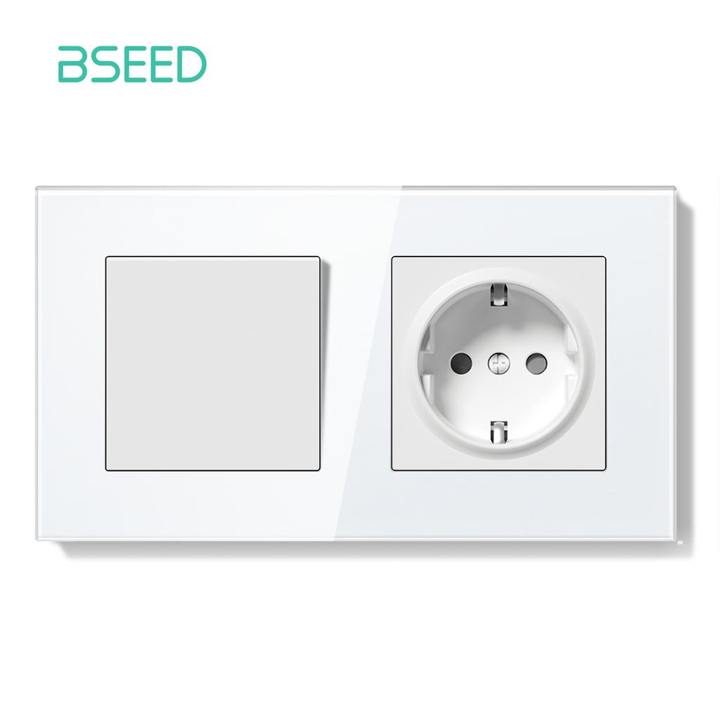 BSEED Switch Light Switch White Glass Frame Wall Power Sockets USB-C Phone Charge E-Series EU Standard 2 Way