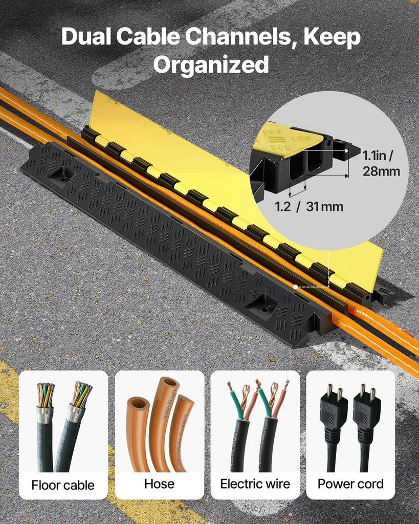 Cable Protector Ramp, 9,979 Kg/axle Capacity, 2 Channel Heavy Duty TPU Cord Hose Wire Cover, 31 X 28 Mm Channel, Traffic Speed Bump with Flip-Open Top