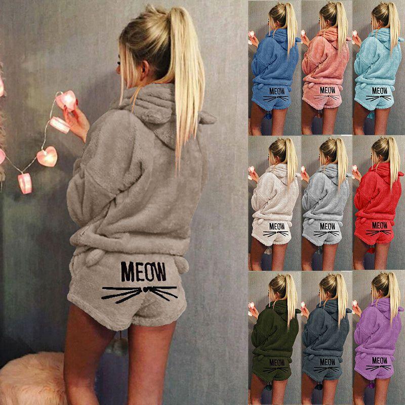 Womens Fleece Cat Fluffy Warm Pjs Pyjamas Sleepwear Nightwear Set Outfit Pajamas
