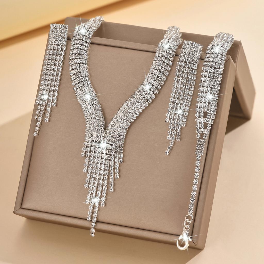 Design Sense Full Diamond Super Flash Tassel Necklace, Earrings, Bracelet Jewelry Set Bridal Jewelry Set
