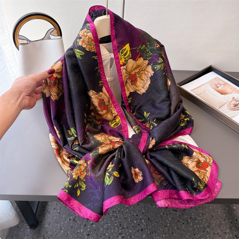 Warm Rhyme Floral Printing Fragrant Cloud Yarn Spring And Summer Silk Scarf Large Long Scarf Travel Shawl Sun Protection Women'S Scarf Headscarf