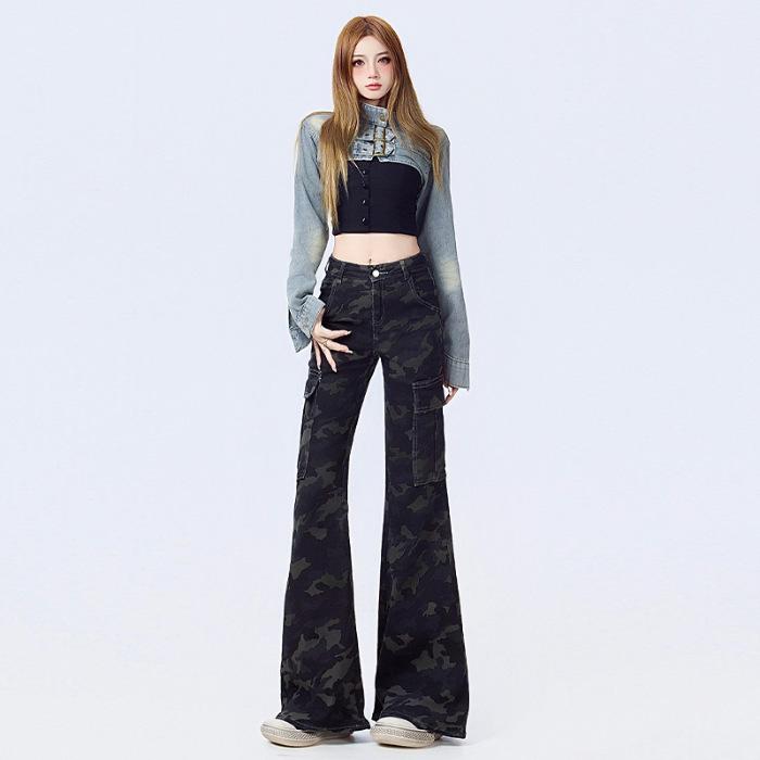 American gray camouflage overalls women's new elastic high-waisted narrow version thin and slightly pulled pants camouflage trousers