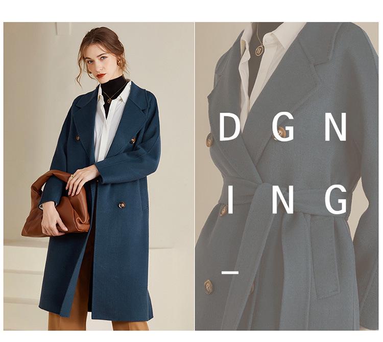 Women's Extra Long Double-Breasted Wool Coat with Tie Waist - Autumn/Winter Collection