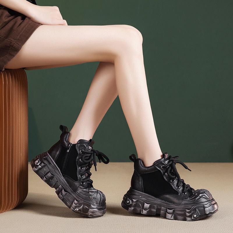 Dámské kotníkové boty z pravé kůže, černé: Lehká, Silná podrážka, Britský styl, Podzim/Zima 2025.