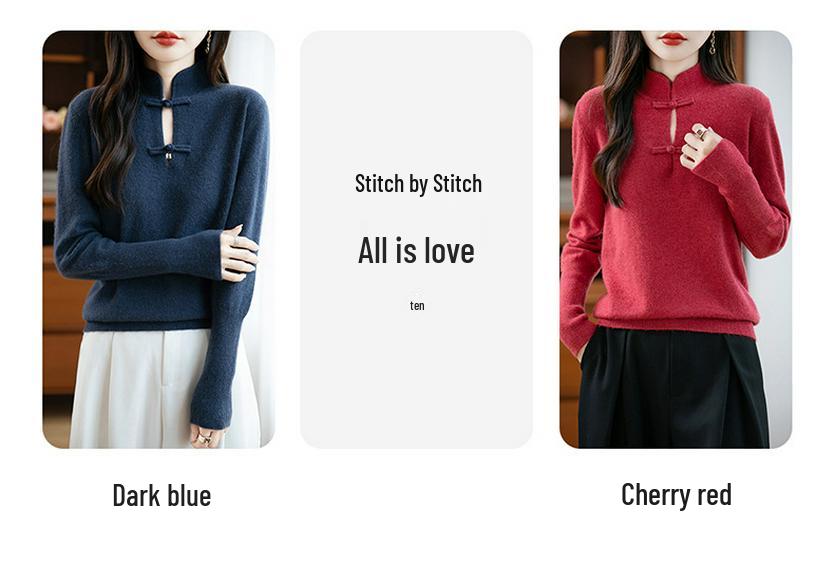 New Chinese Style Women's Thick Wool Sweater - Frog Button, Stand Collar, Loose Fit, Autumn Winter Warm Knit