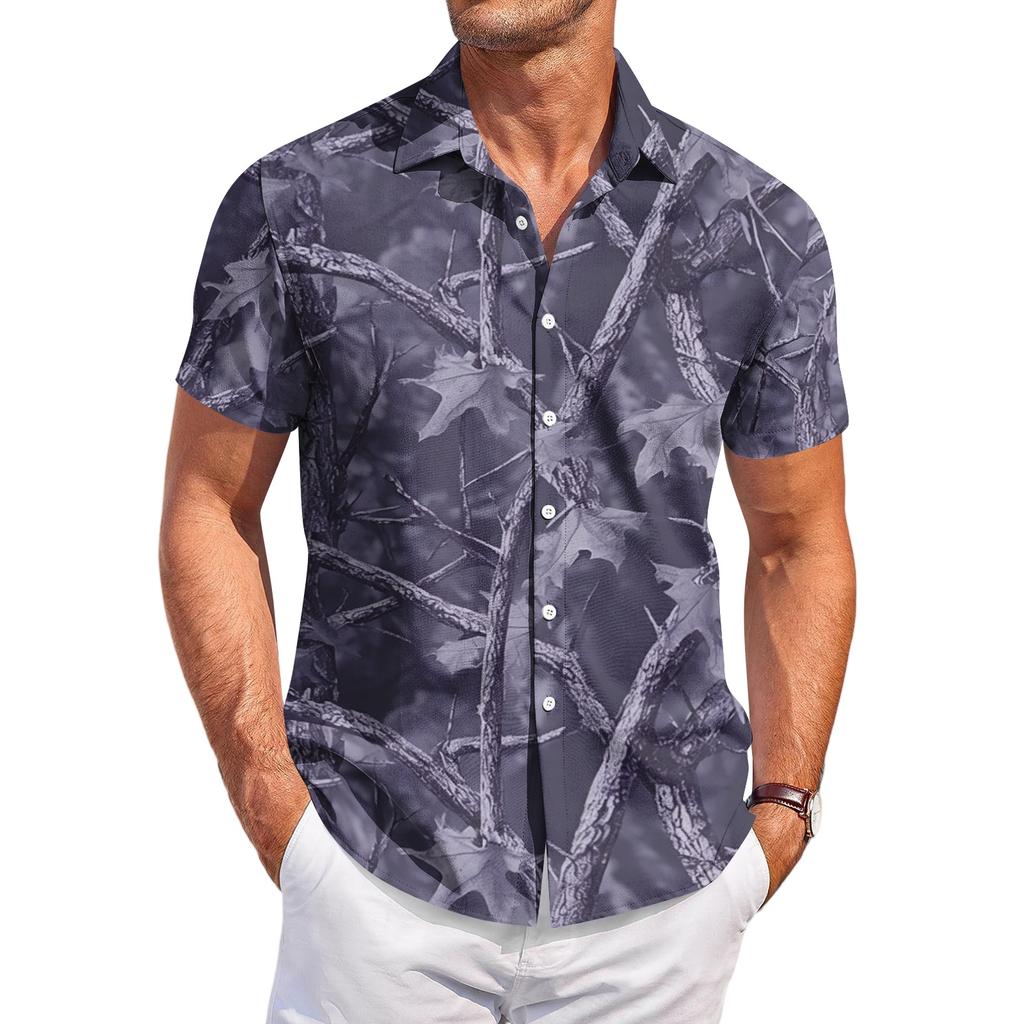 Camisa casual de manga corta para hombre con estampado de camuflaje, diseño de botones, adecuada para el uso diario, actividades al aire libre y viajes.