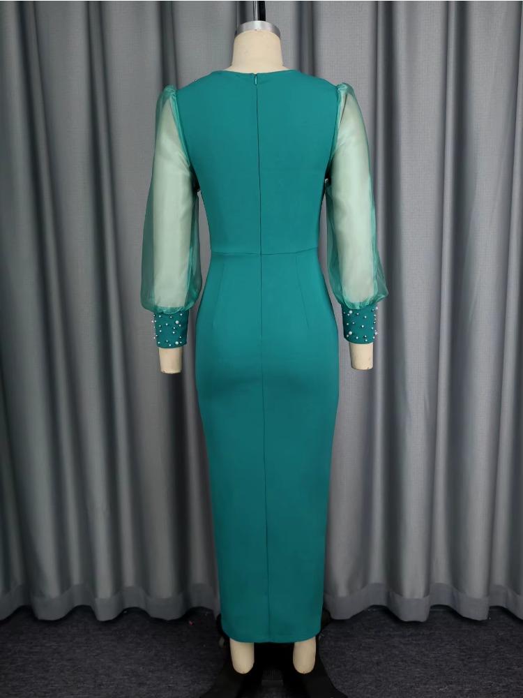 Luxury Guest Wedding Party Dresses Women Elegant V Neck Sheer Tulle Mesh Long Lantern Sleeves Beading Slit Fashionable Gowns