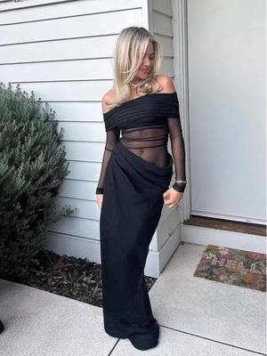 2025 Summer Women’s Long Sleeve Mesh Spliced See-through Bandeau Dress