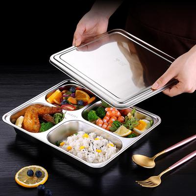 304 Stainless Steel Divided Dinner Plate With Lid Lunch Box Fast Food Tray Container 3/4/5 Section School Home Canteen Tray