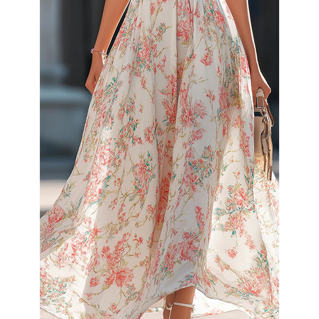 2026 Elegant Halter Neck Floral Maxi Dress for Women, Sleeveless Chiffon Flowy Long Dress, Summer Beach & Party Wear
