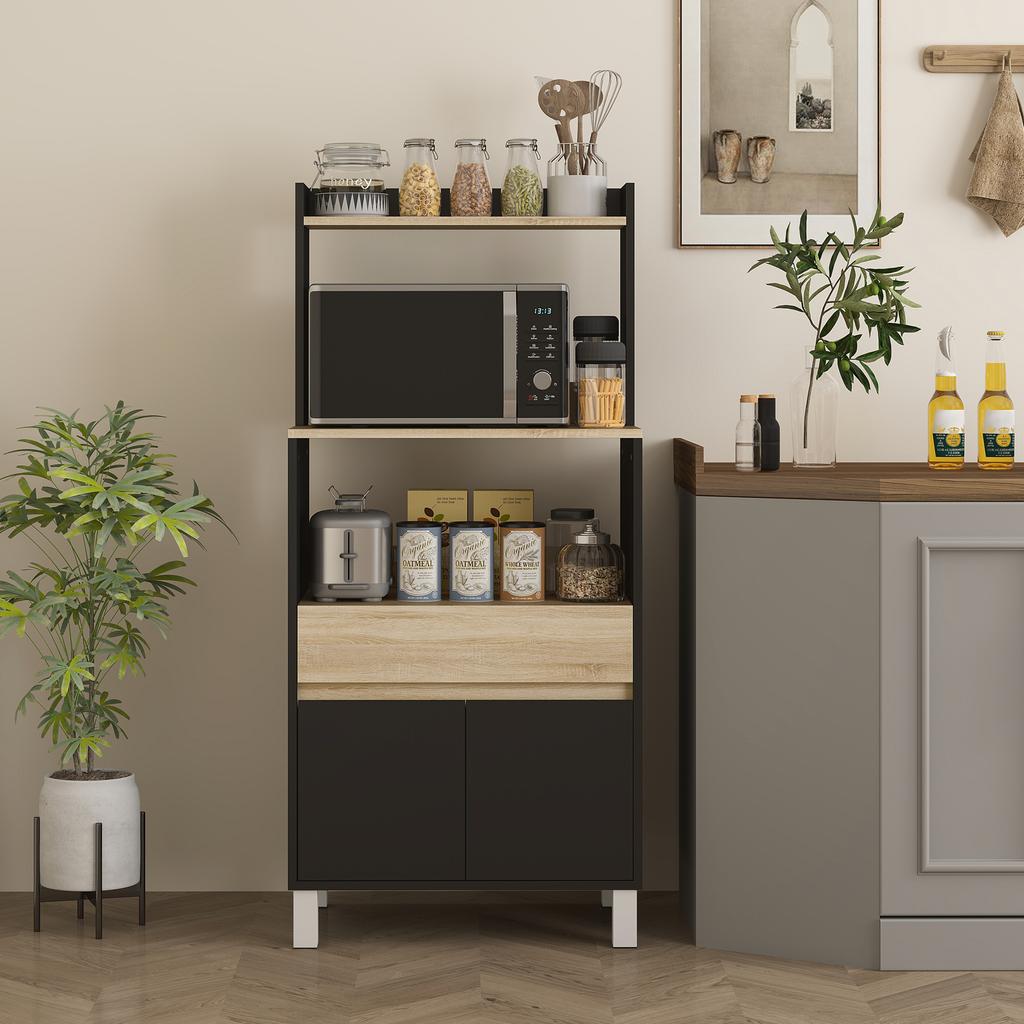 Microwave Furniture, Kitchen Buffet with Cupboard, Drawer, Top Shelf, 60 X 40 X 131 Cm, Oak and Black