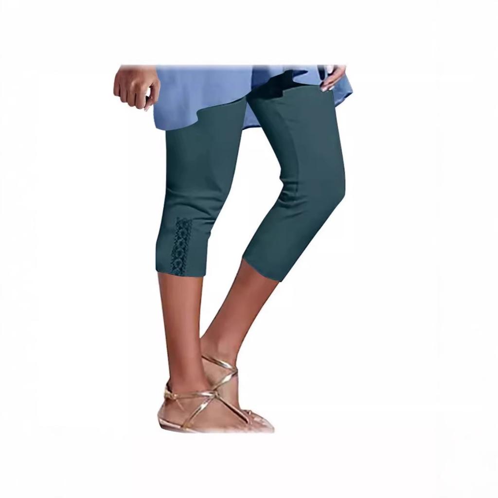 Damen Sommer Spitze Hohe Taille Einfarbige Capri Leggings für den Alltag, Europäisch Amerikanische Mode Dehnbar Basic Hose