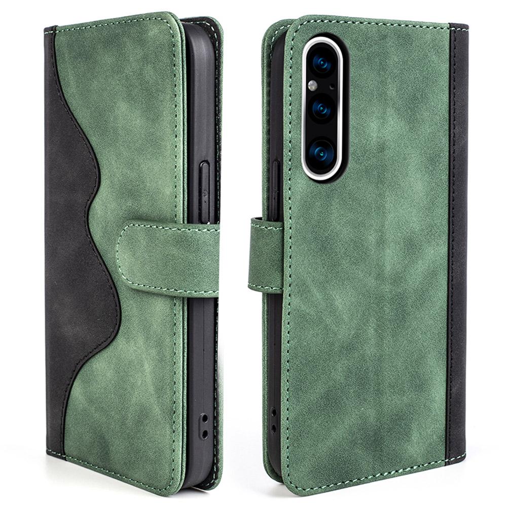 

For Sony Xperia 1 V Dual Color Splicing Stand Wallet Phone Case PU Leather Cover Green