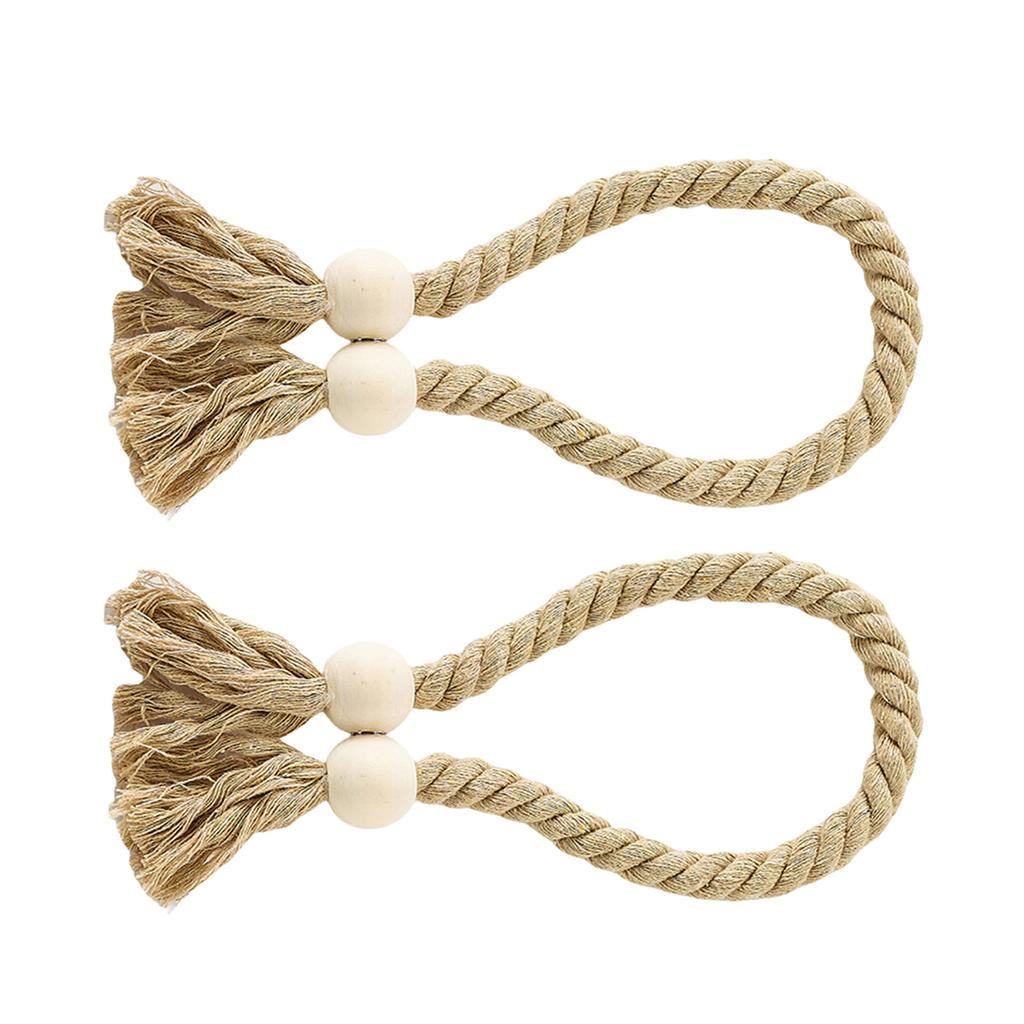 Embrasses de Rideaux Magnétiques Lot de 2 Embrasses en Corde de Coton Tressée à la Main avec Glands Perles en Bois Liens pour Rideaux Décorations d'Intérieur