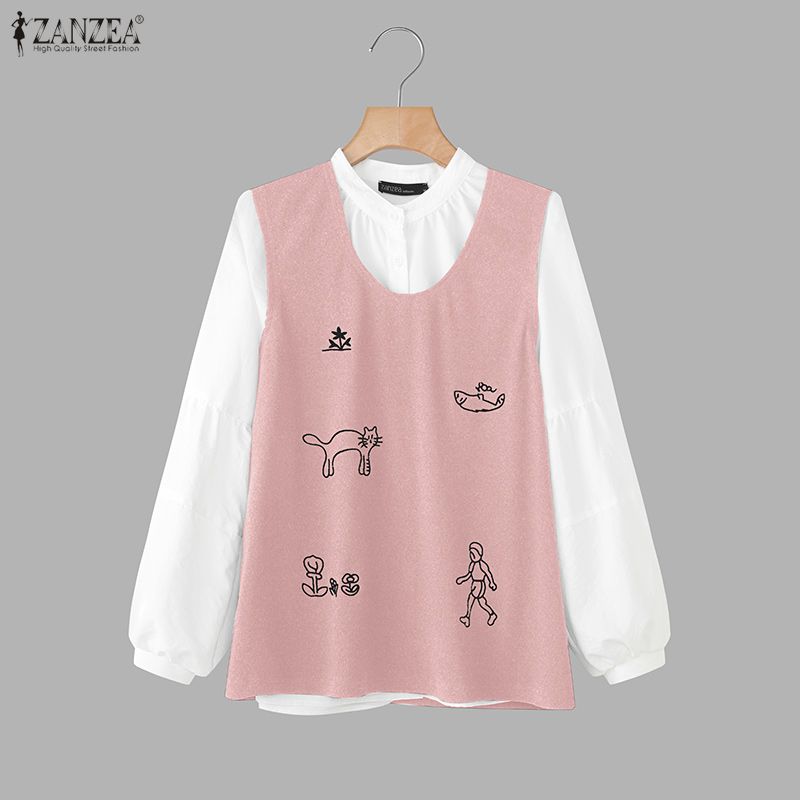 ZANZEA Women Casual Round Neck Long Sleeve Patchwork Blouse