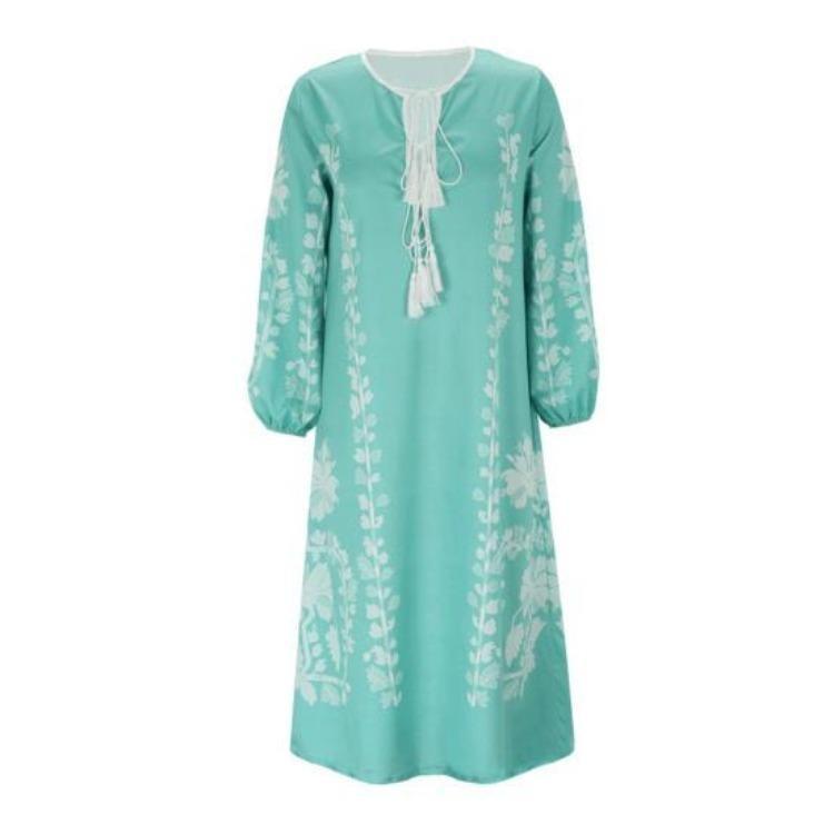 Women Summer Bohemian Floral Print Maxi Dress Deep V Neck Long Sleeve Oversized A Line Flowy Hem Retro Beach Vacation Tassel Dress