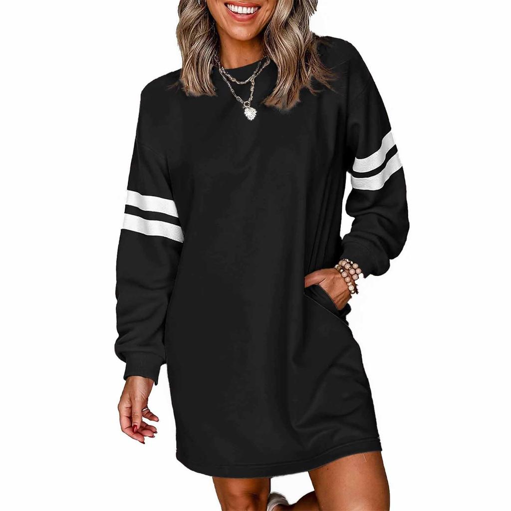Women's Fashion Striped Sports Hoodie Dress Long Sleeve Round Neck Sports Hoodie Dress With Pocket