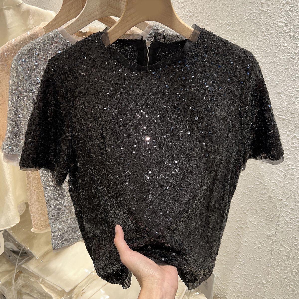 

Летняя новая модная футболка с коротким рукавом и круглым вырезом для женщин, уличный повседневный свободный пуловер с пайетками, лоскутный шикарный топ на молнии 4XL чёрный