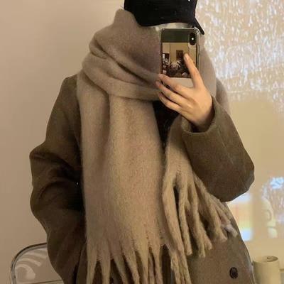 Women Winter Scarf Thickened Wide Long Tassel Solid Color Cozy Windproof Cold Resistant Soft Lady Decorative Scarf Neck Wrap