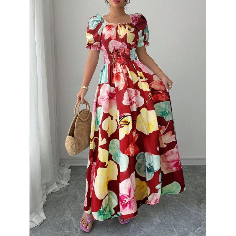 Summer Fashion New Arrival Puff Sleeves High Waist Tight Waist Women's Printed Wear Large Swing Sling Dress